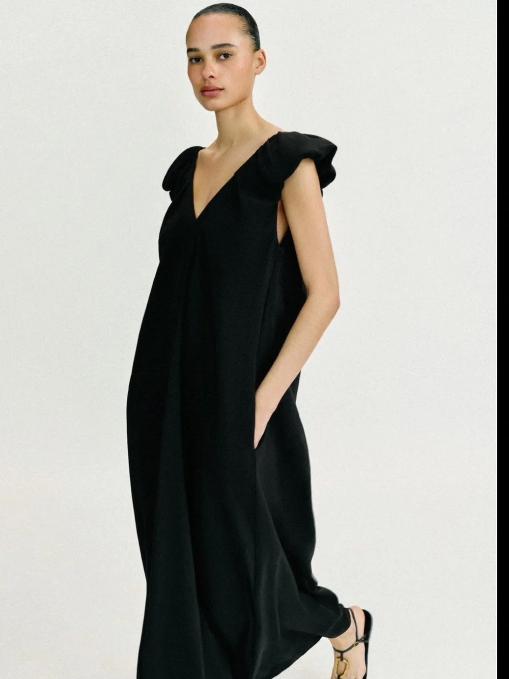 Zara Black V-Neck Maxi Dress with Ruffle Cap Sleeves